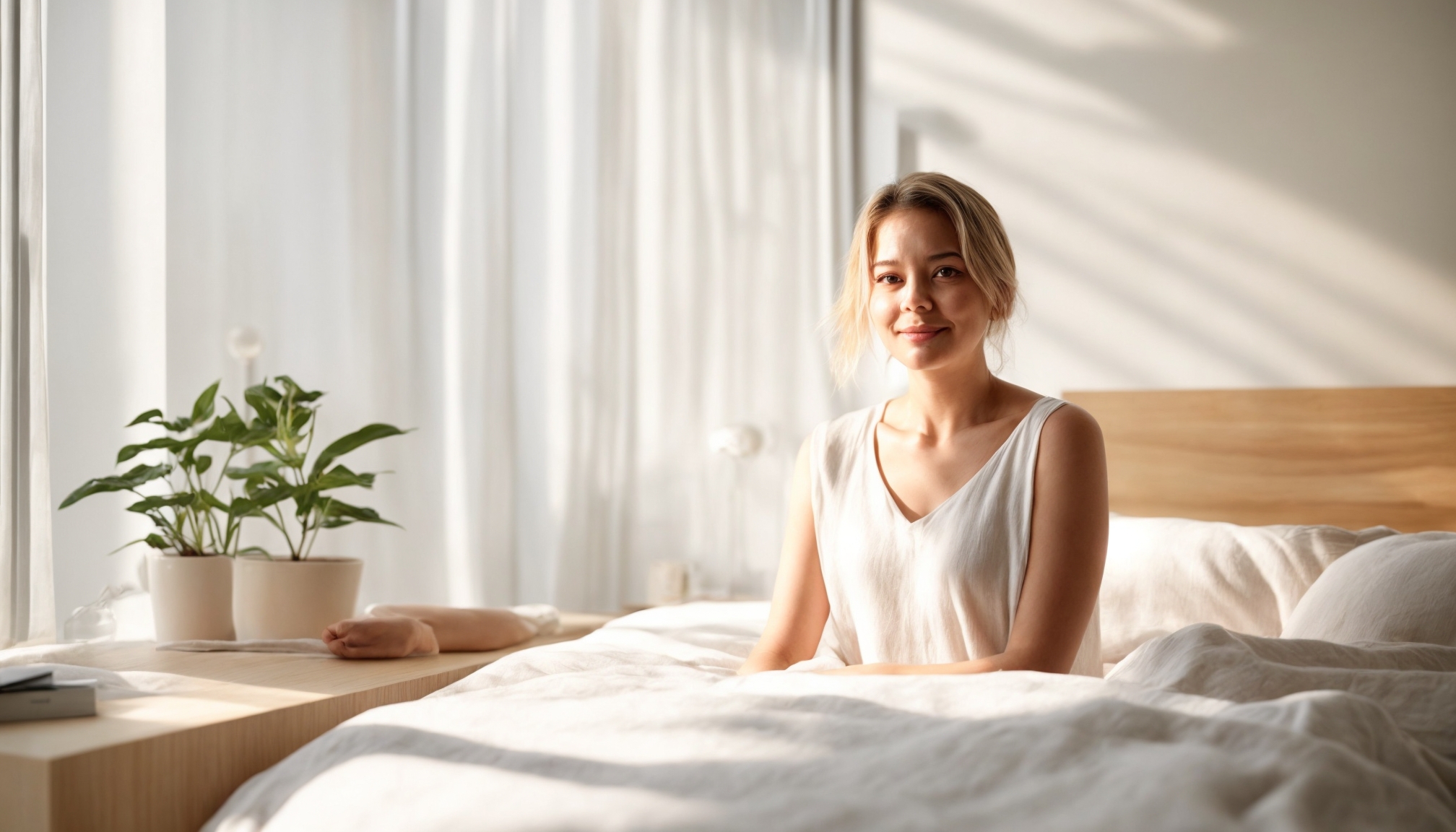 Woman enjoying healthy morning routine next to a premium mattress with bright natural lighting