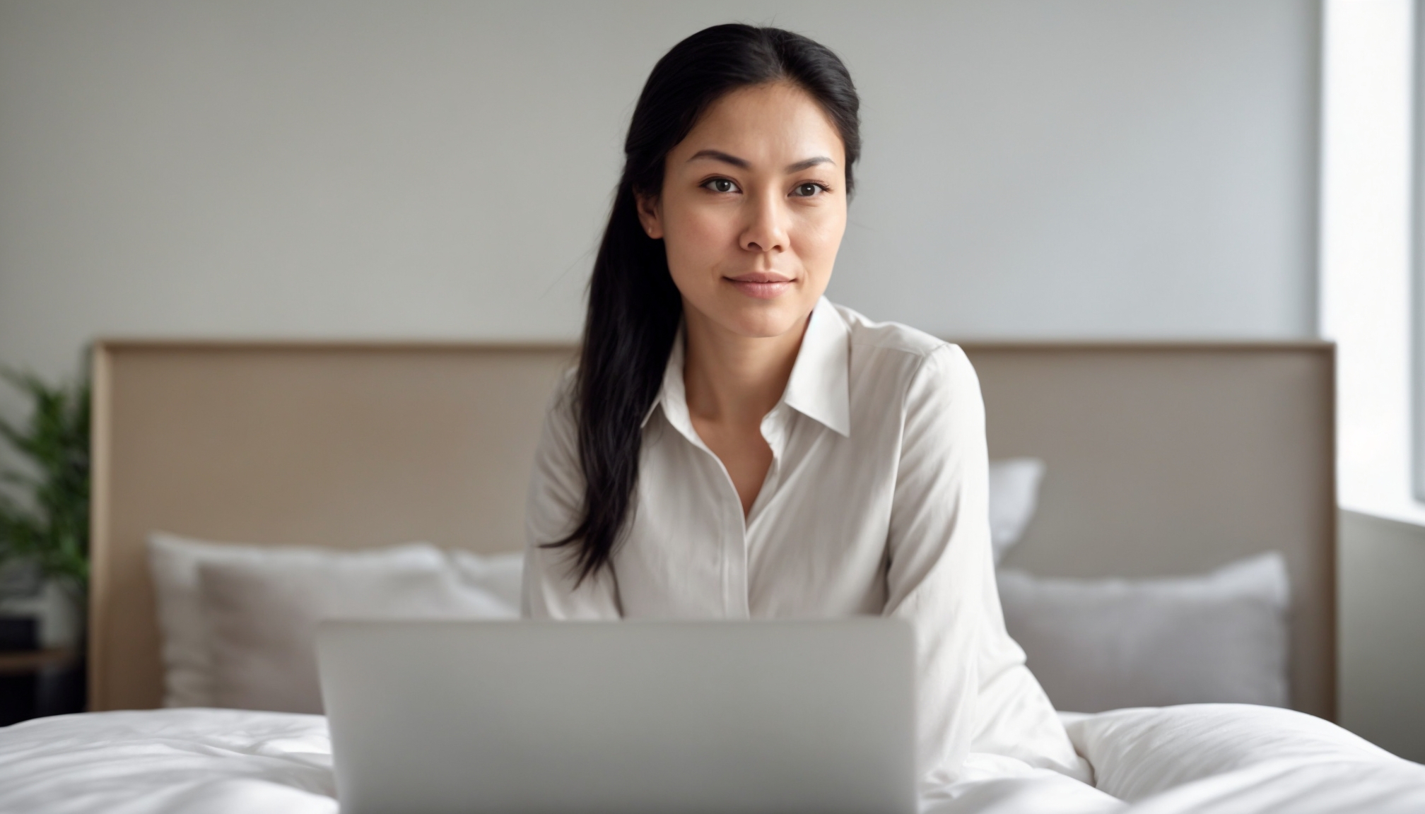 Woman working calmly behind a desk with a premium mattress visible in the background, representing restful sleep after resolv