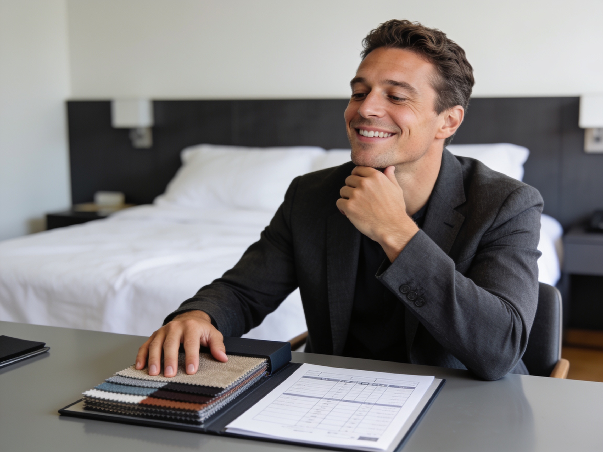 Man analyzing fabric texture for premium mattress selection guide